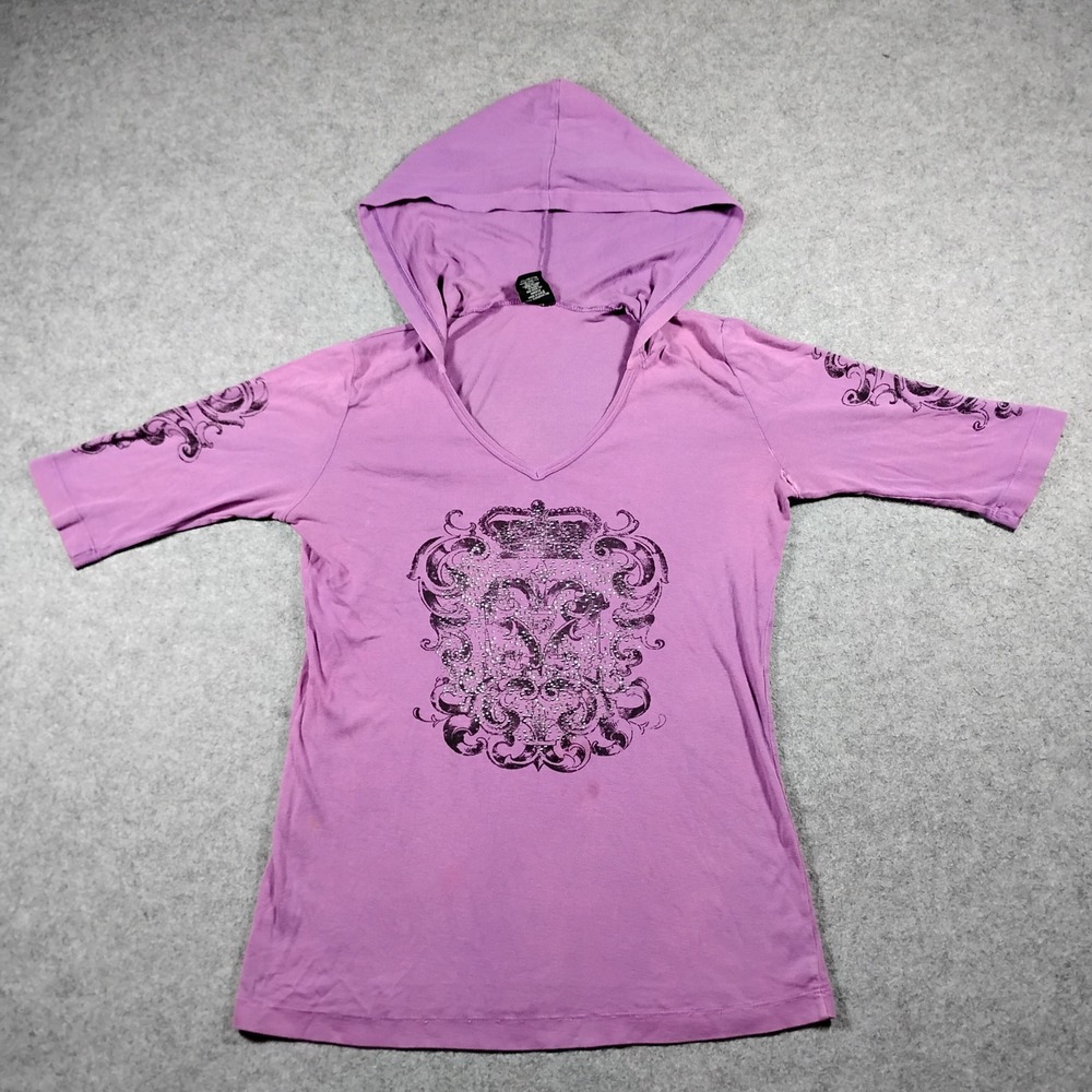 Sledge USA Graphic Hoodie Women's L Purple Short Sleeve Crown Crest V Neck Y2K
